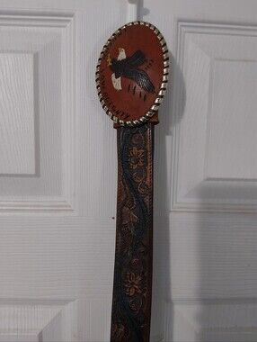 Tooled Leather Belt with Eagle Concho - Brown & Black